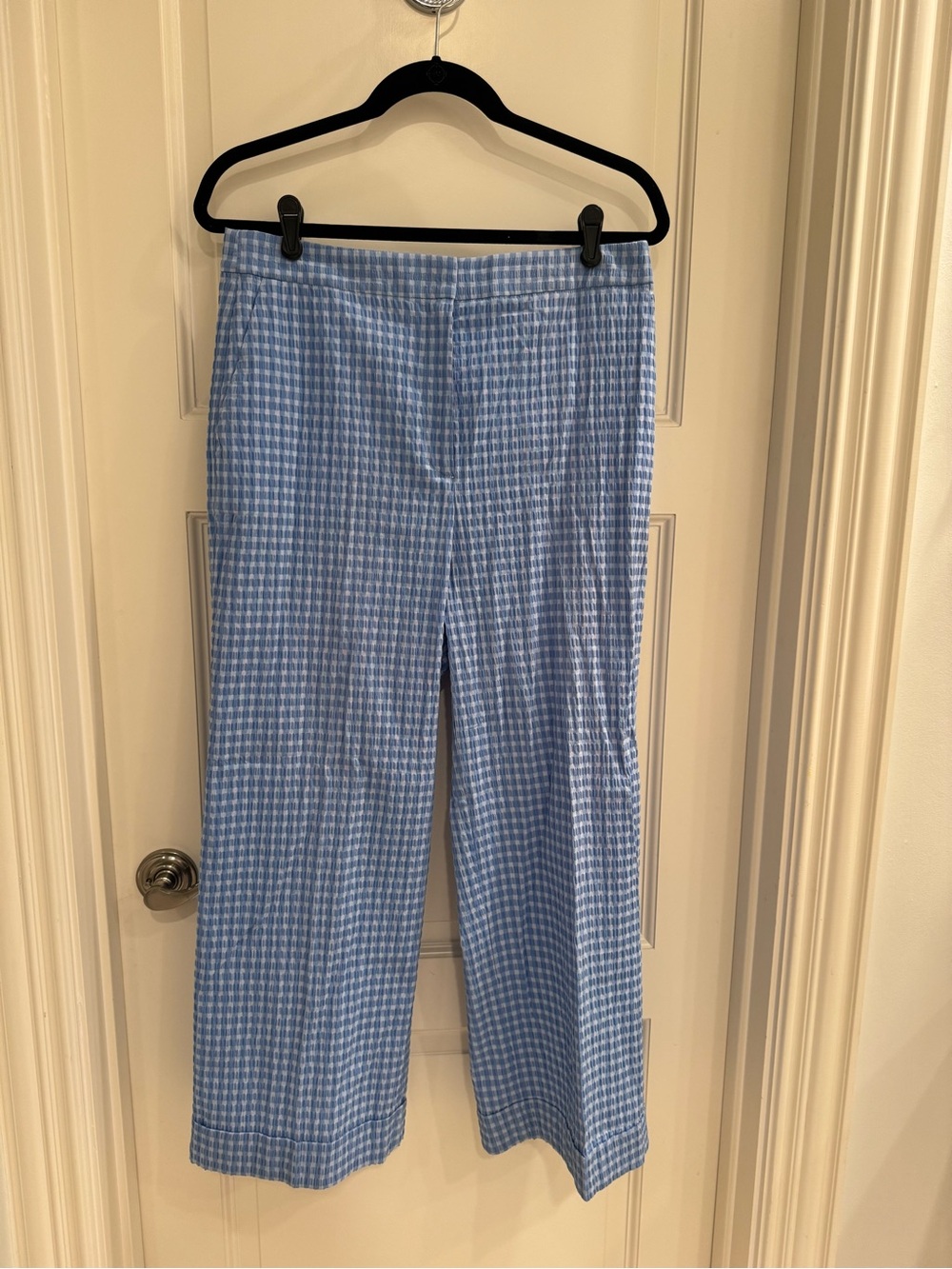 Pearl Light Blue Gingham Straight-Leg Pants